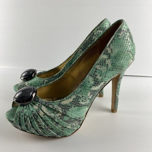 Mimco Shoes - Women's Mimco Size 37 Green Reptile Print Peep Toe Stiletto High Heel Shoes